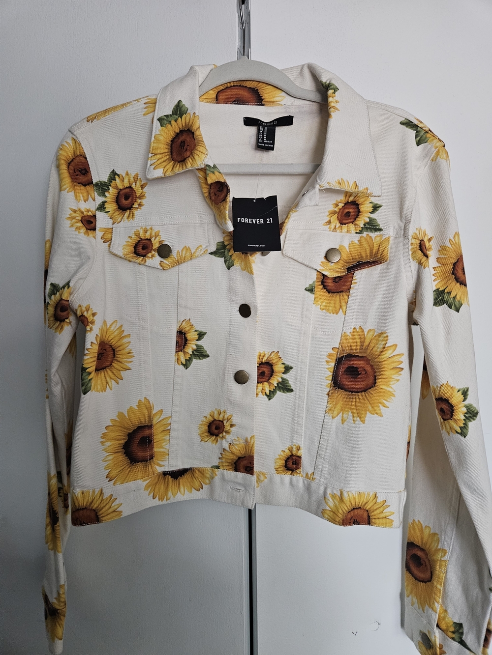 Forever 21 Cream Sunflower-Print Denim Jacket
